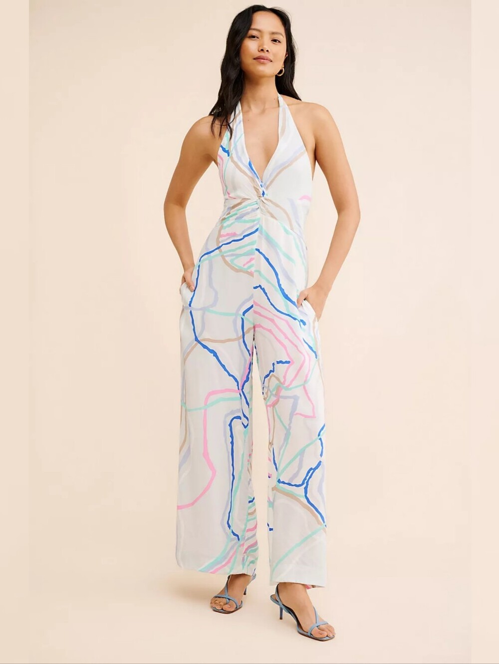 S/W/F Twisted‎ Halter Twist-Front Wide Jumpsuit Multicolored Swirl Women's Large